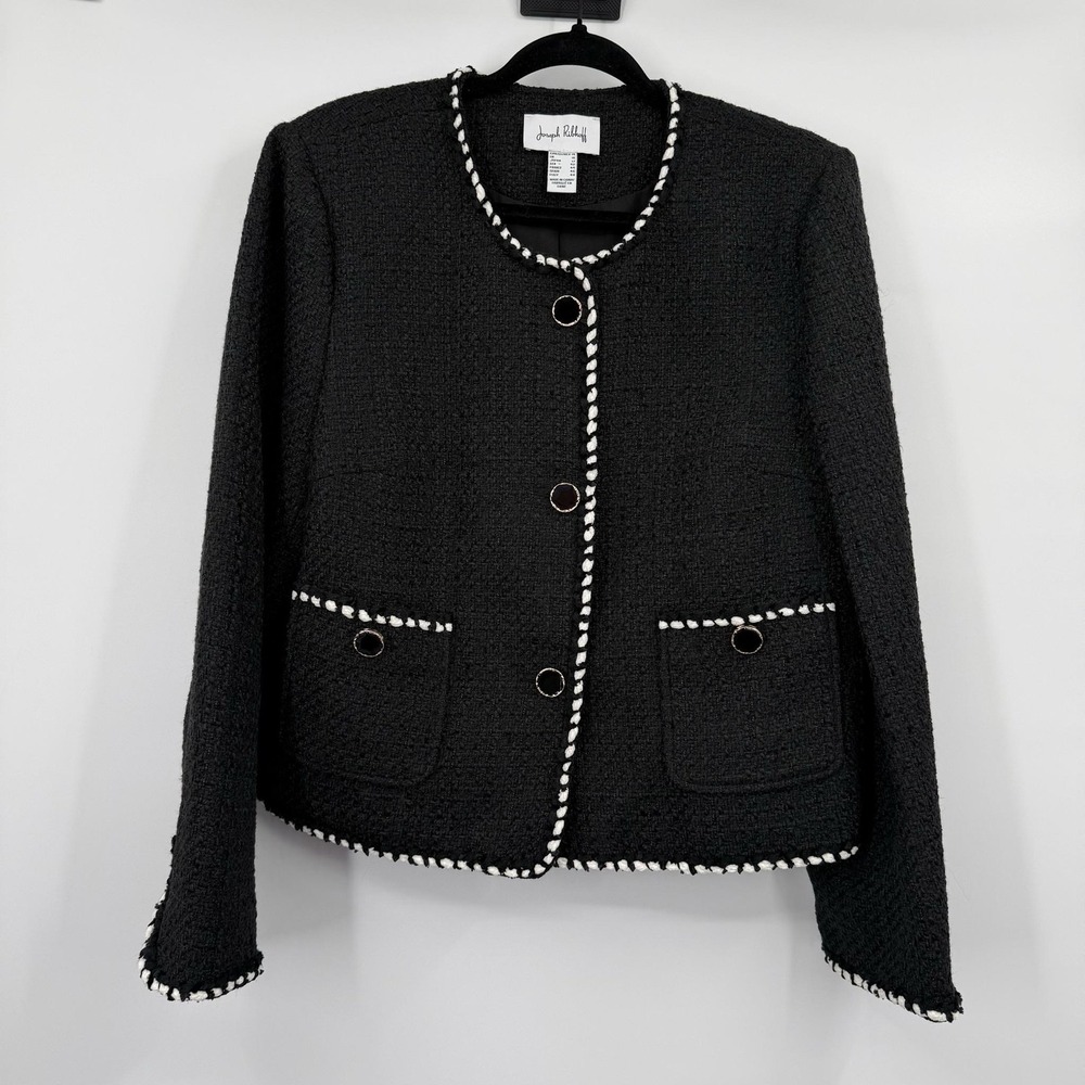 Joseph Ribkoff Jacket Womens 14 Black Tweed Collarless Lined Pockets Button Trim